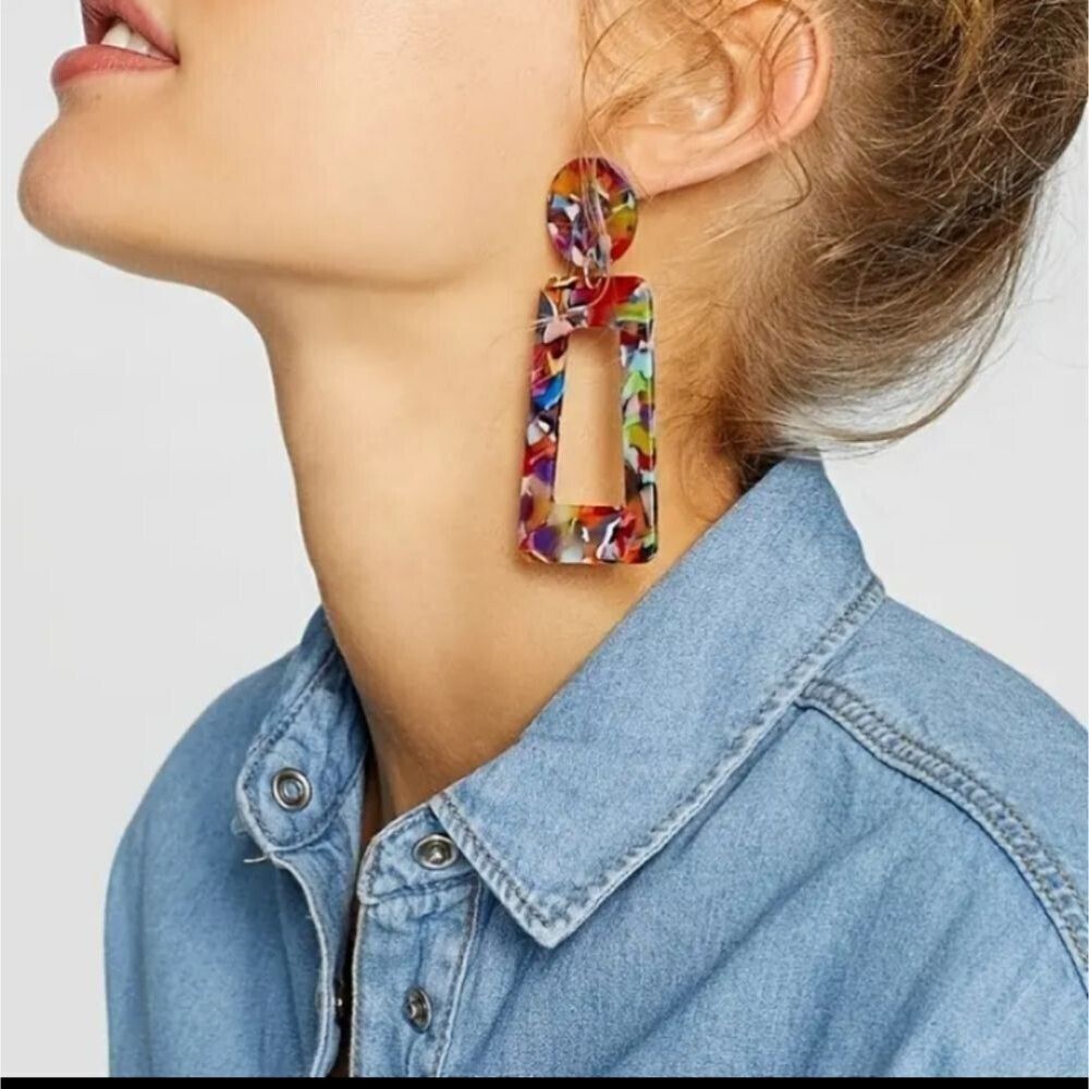 Geometric multicolor rectangle earrings marble design retro